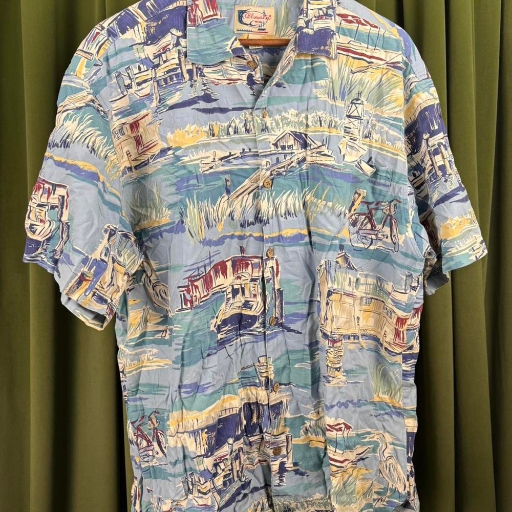 Bluewater Wear Vintage Hawaiian Shirt Mens Large Blue Yellow Scenic Coastal USA